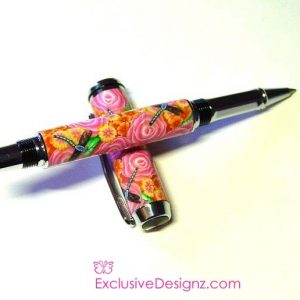 Pink Roses with Blue Dragonflies Millefiori Pen