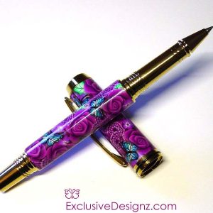 Violet Roses with Blue Butterflies Millefiori Pen