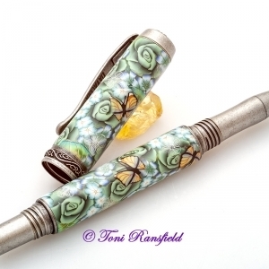 Green Rose and Ghost Flowers with Yellow Butterflies