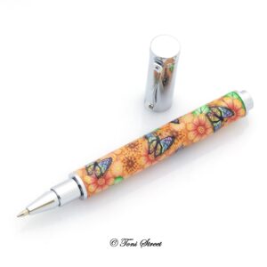 Orange Daisy with Rainbow Butterflies Rollerball Pen